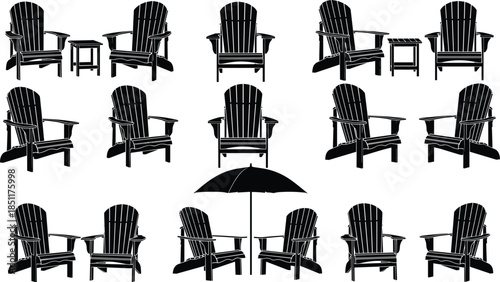 Black silhouette collection of Adirondack chairs featuring wooden outdoor furniture sets with side tables and patio umbrella for summer vacation backyard relaxation design