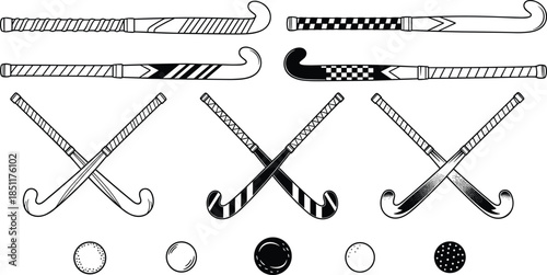 Field hockey equipment vector collection featuring crossed sticks and balls in vintage line art style, perfect for sports logos and athletic team apparel designs.