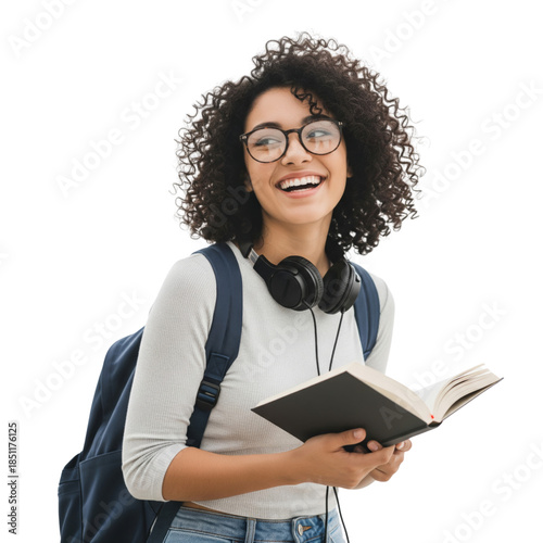 Young student woman holding book and wearing headphone isolated on white or transparent background