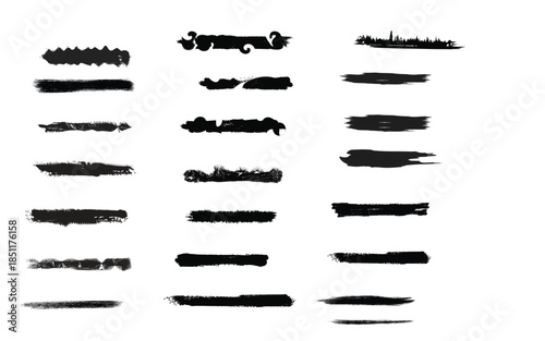 A collection of 20 various black brush strokes on a white background