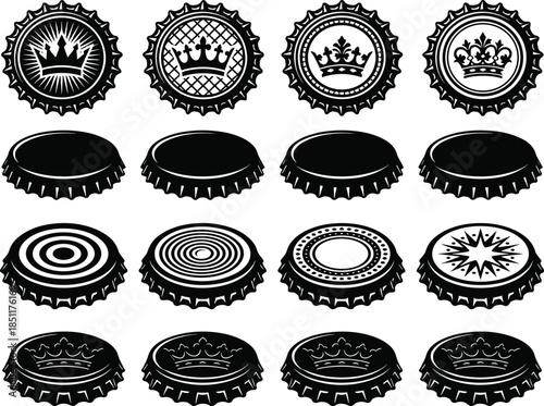 Vintage bottle cap vector set, isolated black and white crown cork icons with royal crown emblems, soda and beer metal lid design elements