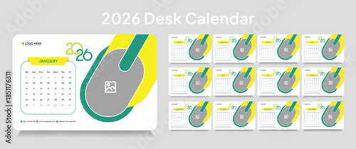 Customizable desk calendar 2026 template, corporate desk calendar schedule 2026 monthly 12-page planner layout, editable vector eps 10 file format