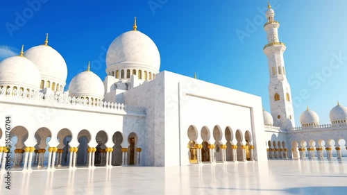Majestic Sheikh Zayed Grand Mosque in Abu Dhabi under a clear blue sky.