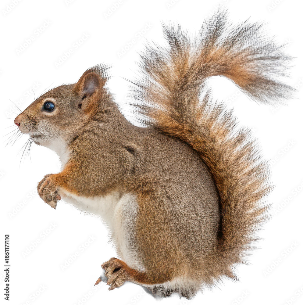 Fototapeta premium A remarkably detailed, reddish-brown American gray squirrel with a fluffy, oversized tail and delicate whiskers is captured in a dynamic crouching pose,, isolated on transparent background.