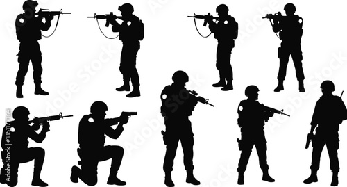 Silhouette collection of armed soldiers in various tactical poses, showcasing military action stances for security, defense, training, and combat themed vector illustration, black isolated design