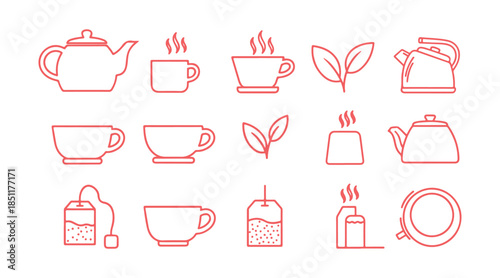 A lineup of tea-making item icons in a linear style, set on a transparent background. This collection features a teapot, cup, tea leaf, tea bag, and hot water symbols.