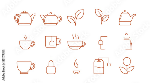 A group of linear icons representing tea-making tools, all on a clear background. The collection showcases a teapot, cup, tea leaf, tea bag, and hot water symbols. 
