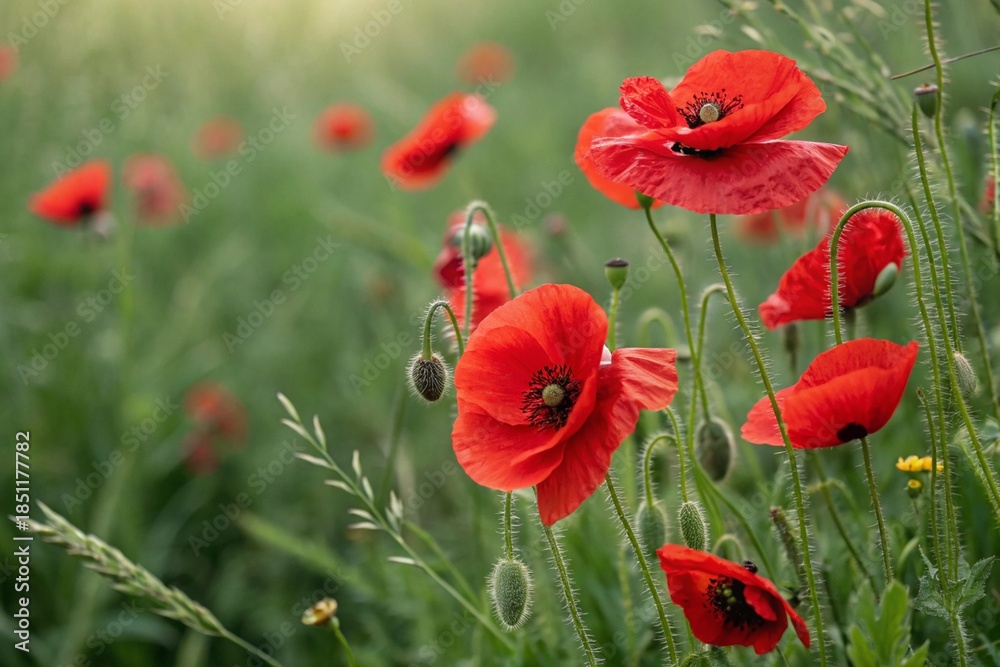 Naklejka premium Red poppies field blooming in spring. Closeup view