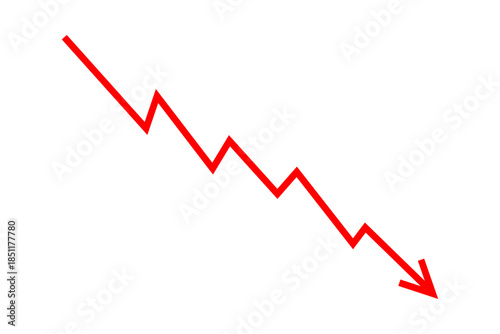 Red falling down line arrow graph indicates financial loss concept, stock market fall, business loss, market crash, economic loss. Red fluctuated graph arrow downward direction. Vector illustration.