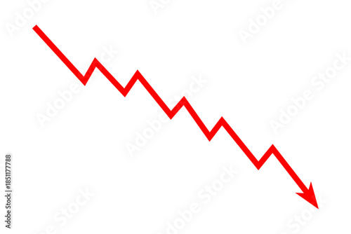 Red falling down line arrow graph indicates financial loss concept, stock market fall, business loss, market crash, economic loss. Red fluctuated graph arrow downward direction. Vector illustration.