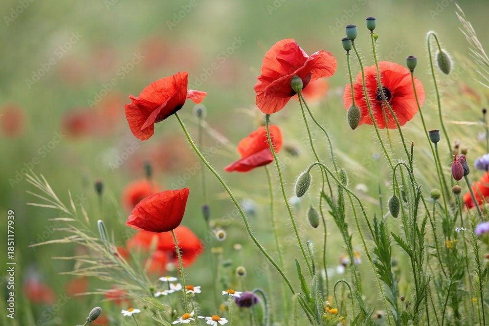 Naklejka premium Red poppies field blooming in spring. Closeup view