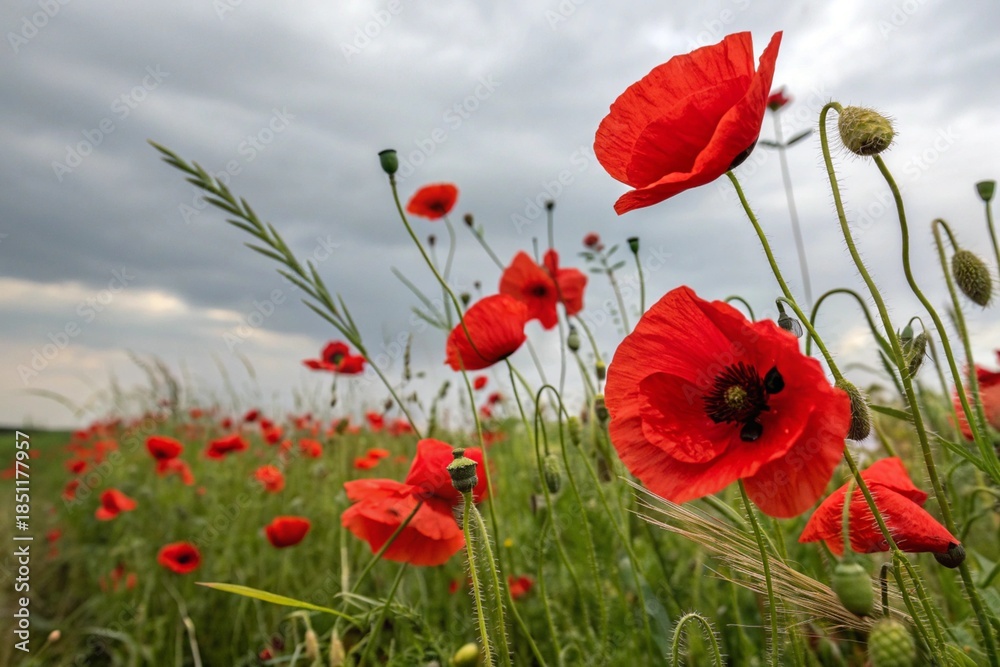 Fototapeta premium Red poppies field blooming in spring. Closeup view
