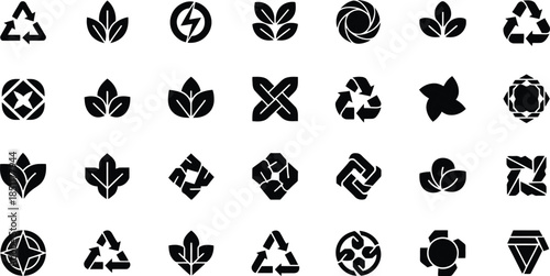 Eco Friendly And Nature Icons Set Black Silhouettes leaf recycle symbol,  modern, pictogram, energy, 