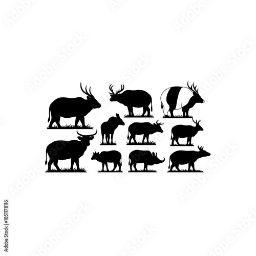 Silhouettes of various deer and antelope isolated on transparent background