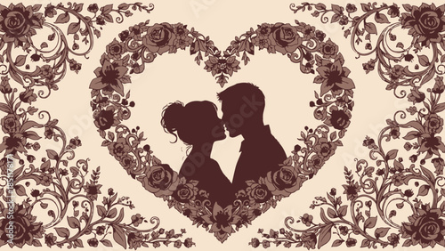 Romantic couple kissing in floral heart frame on Valentine's Day