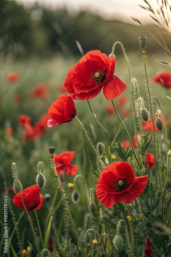Naklejka premium Red poppies field blooming in spring. Closeup view