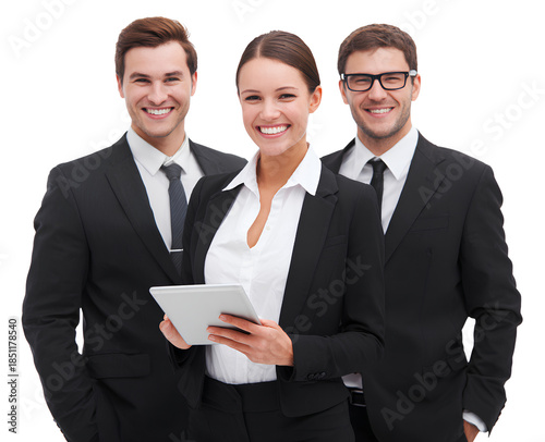 young, smiling business people in suits using a tablet together, isolated on a transparent background.