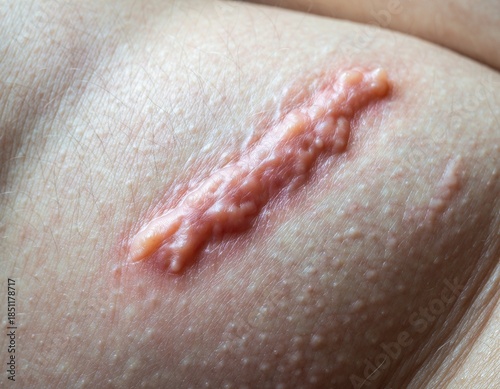 Close-up of a prominent keloid scar on human skin