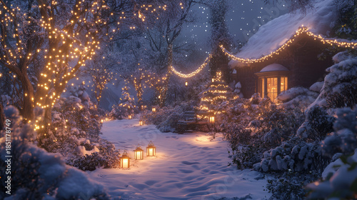 Snow-covered garden with small glowing lanterns, golden string lights wrapped around trees, and a warm glow spilling from nearby windows. 