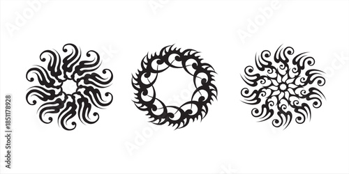 Three bold black ornamental sunburst designs with flame-like rays and circular symmetry, combining swirling inner details and solid centers on a clean white background.