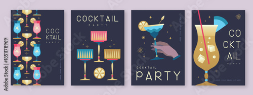 Set of holiday cocktail party posters with cocktail and champagne glasses. Restaurant menu design. Vector illustration