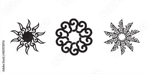 Three bold black ornamental sunburst designs with flame-like rays and circular symmetry, combining swirling inner details and solid centers on a clean white background.