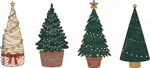 A beautiful vector collection of four stylized Christmas trees showcasing different holiday decorations, including warm lights, stars, and a unique fabric-wrapped design, perfect for winter projects.