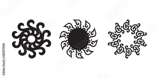 Three black ornamental swirl designs with circular symmetry, featuring flowing curved shapes and flame-like motifs that form elegant abstract emblems on a white background.