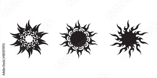 Three bold black ornamental sunburst designs with flame-like rays and circular symmetry, combining swirling inner details and solid centers on a clean white background.
