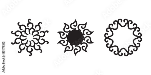 Three black ornamental swirl designs with circular symmetry, featuring flowing curved shapes and flame-like motifs that form elegant abstract emblems on a white background.