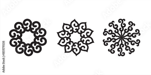 Three black ornamental swirl designs with circular symmetry, featuring flowing curved shapes and flame-like motifs that form elegant abstract emblems on a white background.