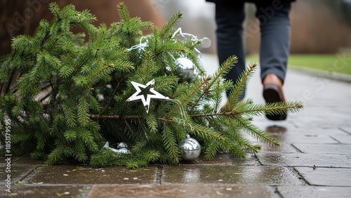 Discarded Christmas tree with ornaments on pavement