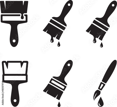 Artistic Paint Brush Icon Set with Wet Drips Home Renovation and Fine Art Tool Vector