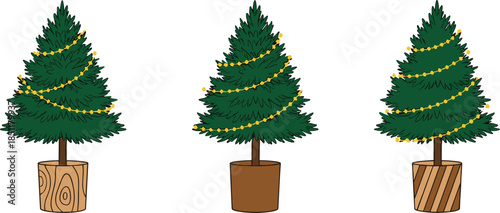 A cozy vector collection of three detailed, rustic Christmas trees simply decorated with warm yellow string lights, sitting in wooden-style bases, perfect for cozy holiday designs.