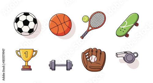 Sports equipment collection football basketball tennis skateboard and more