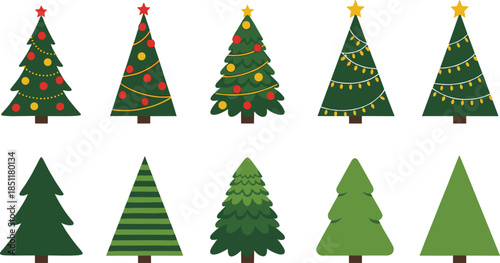 A large, versatile vector collection featuring ten different Christmas trees, including five traditional decorated designs and five simple flat evergreen shapes, perfect for holiday graphic projects.