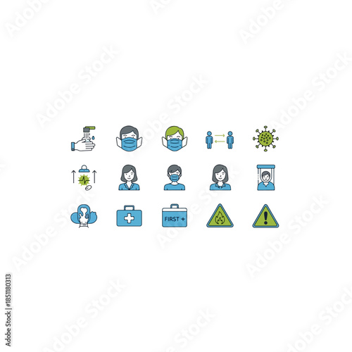 Health and safety precautions icon set isolated on transparent background