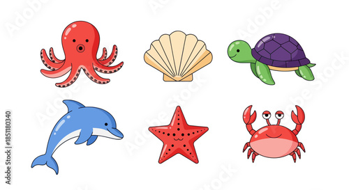 Colorful marine life illustrations featuring octopus turtle dolphin and more