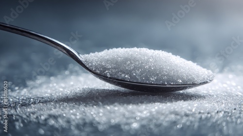 Sweet Crystals Spoonful of Sugar on Reflective Surface.