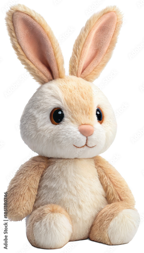 Obraz premium Soft, plush, and endearing cream-colored bunny stuffed animal with long floppy ears and expressive dark eyes, is sitting upright in a gentle pose, illuminated by, isolated on transparent background.