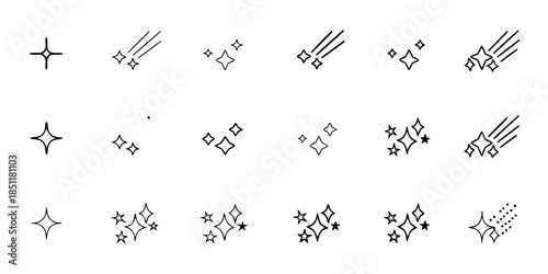 A collection of simple black and white star and sparkle line art icons