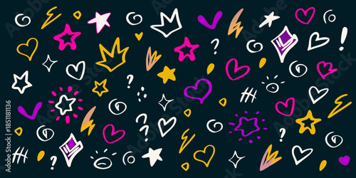 A vibrant playful background with hand drawn pink and white doodles and shapes