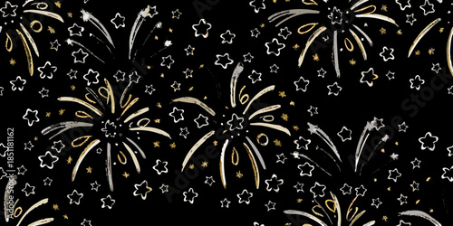 Golden and silver fireworks and stars on a dark black background