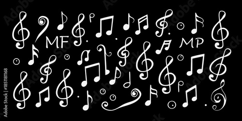 A collection of various white musical notes and symbols on a black background
