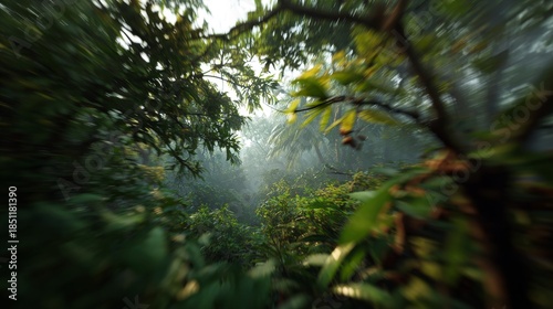 Misty Jungle Canopy Lush Greenery Peeks Through Foggy Atmosphere.