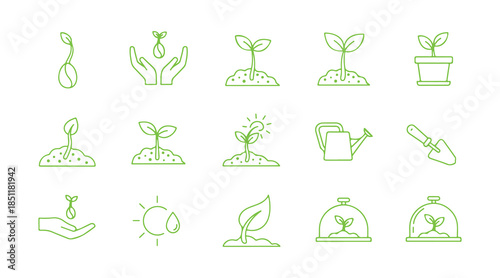 Icons of sprouts. Collection of plants growing from seeds. Cultivation and care for sprouts and seedlings. Thin line design. Gardening, vector linear illustration.
