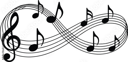 a swirling elegant musical staff with treble clef and various notes creating a sense of flow and harmony