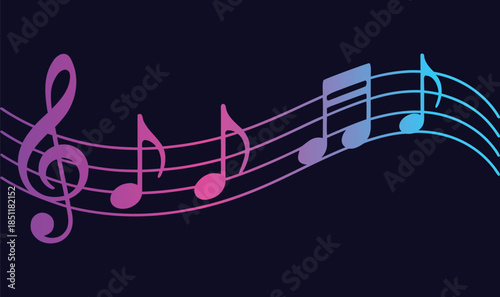 A vibrant and colorful illustration depicting musical notes and a treble clef against a dark deep navy blue background