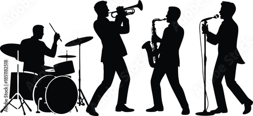a silhouette illustration depicts a jazz band performing with a drummer trumpet player saxophonist and vocalist high quality