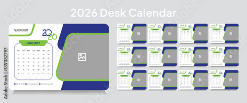 Customizable desk calendar 2026 template, corporate desk calendar schedule 2026 monthly 12-page planner layout, editable vector eps 10 file format